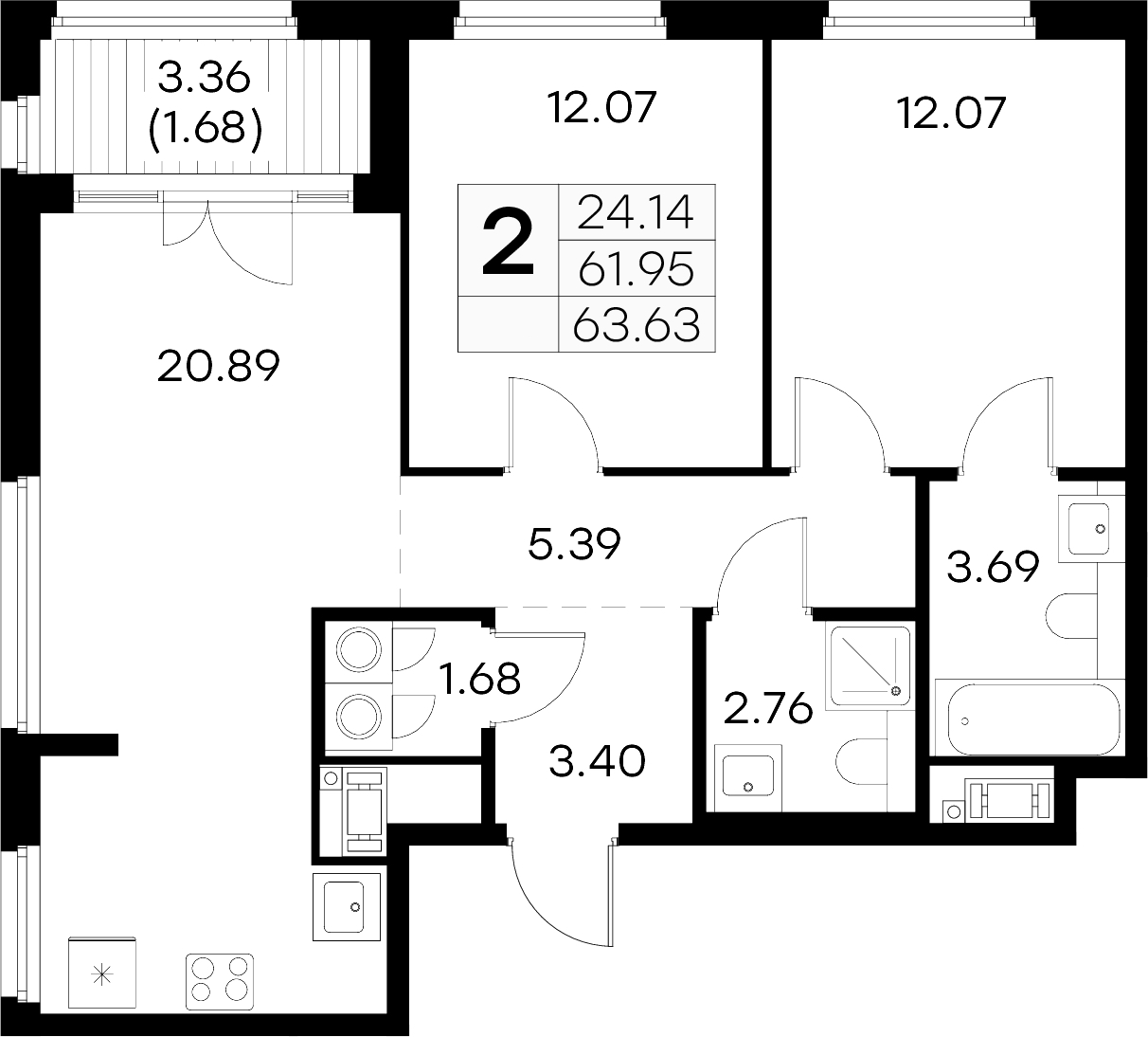 2-комнатная квартира 63.63 м², 2/6 эт., ЖК «Glorax City Василеостровский»